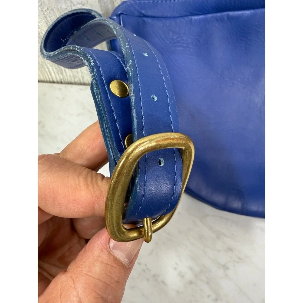 Directive Cobalt Blue Leather Half Moon Crossbody Bag Adjustable Strap Brass